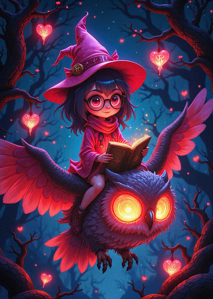 Magical Witch Cute Owl Fantasy Art