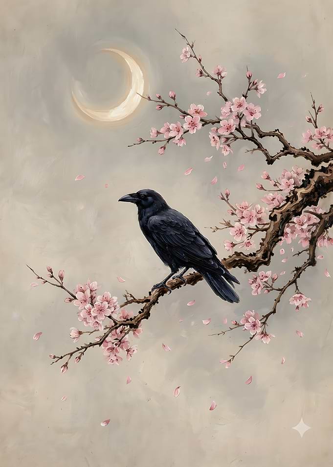 Raven Perched on Cherry Blossom Branch