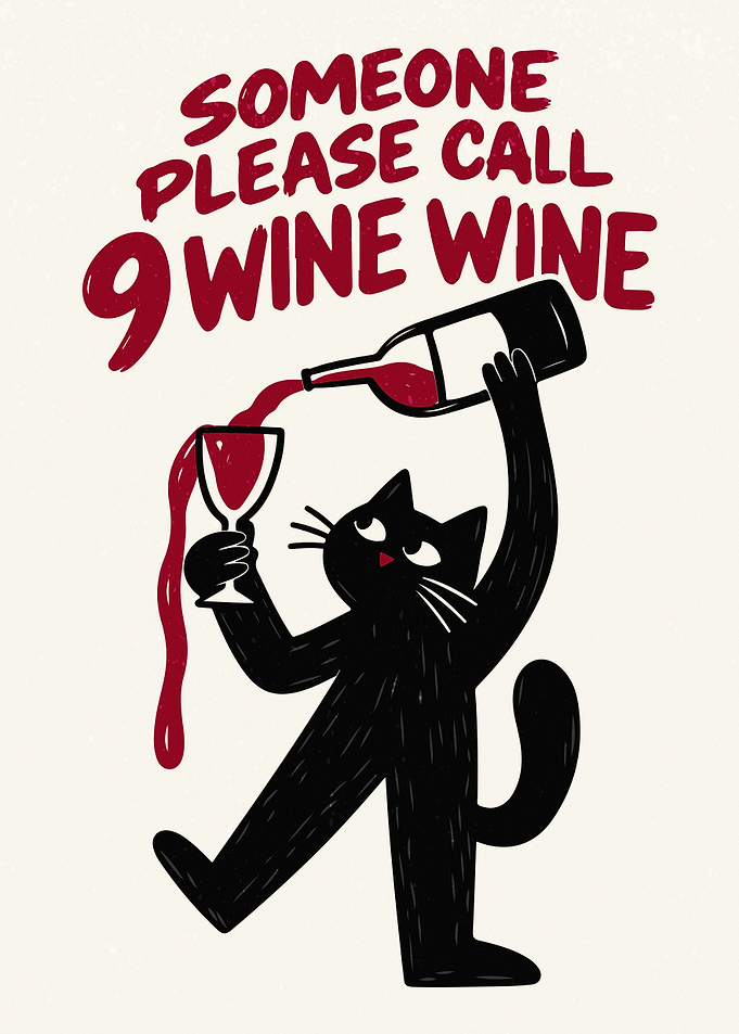 Funny Black Cat Drinking Wine Illustration