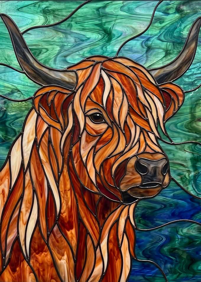 Stained Glass Highland Cow Portrait