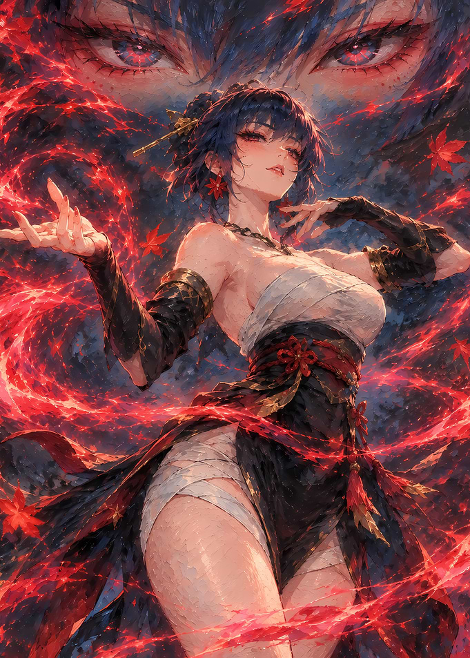 Ethereal Anime Warrior with Red Leaves
