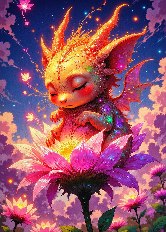 Baby Dragon Flower Fantasy Poster