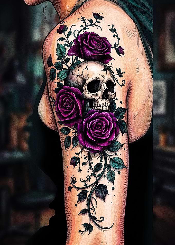 Skull and Purple Roses Tattoo Design