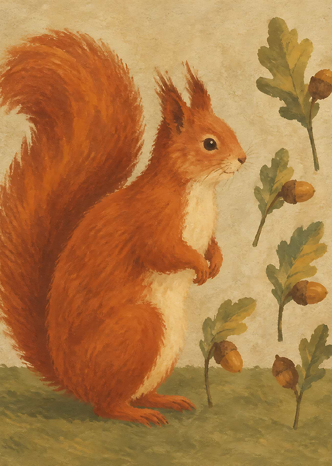 Red Squirrel with Acorns Illustration