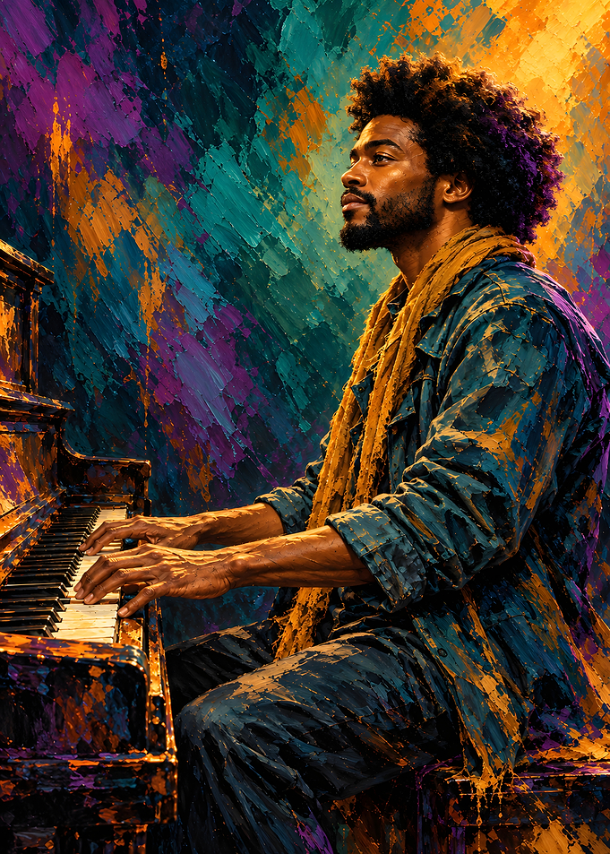 Man Playing Piano in Vibrant Colors