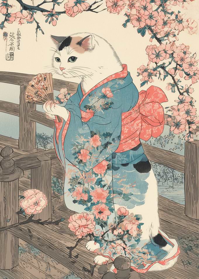 Cat in Kimono Ukiyo-e Style