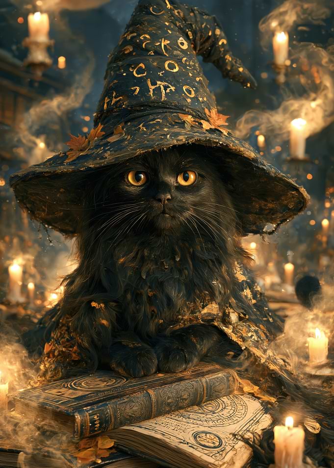 Black Cat Wizard with Magic Books