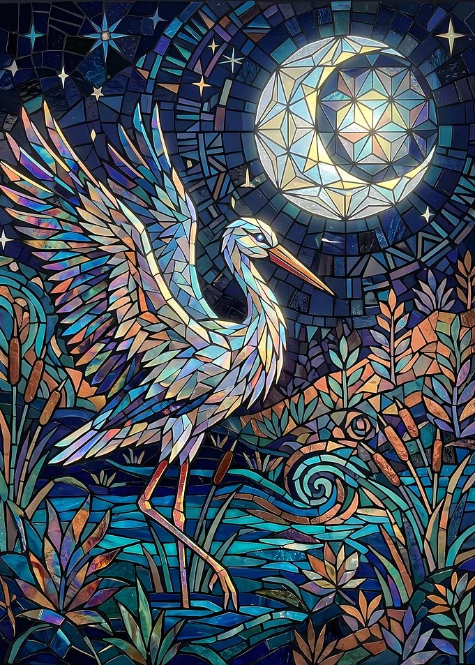 Stained Glass Crane Under Moon