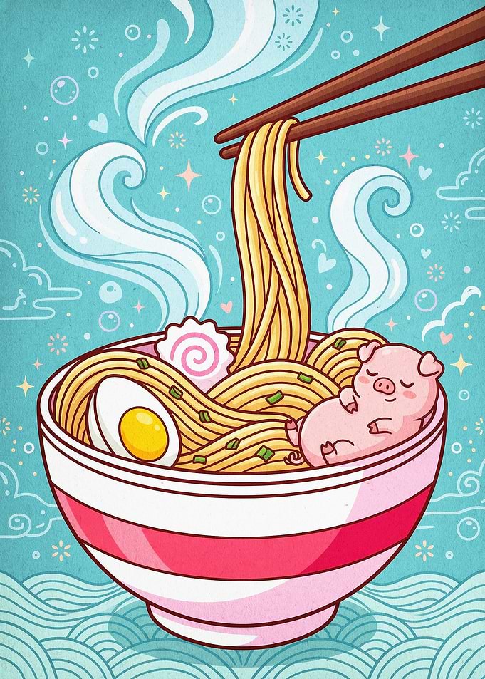 Ramen Pig Cute Japanese Art Poster