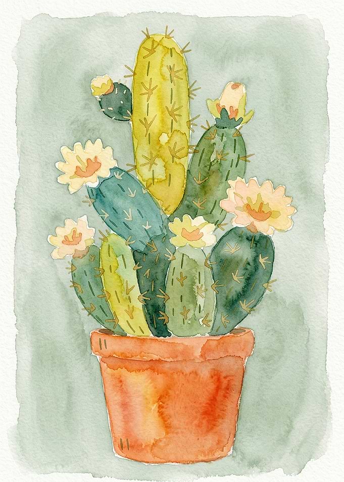 Watercolor Potted Cactus with Flowers