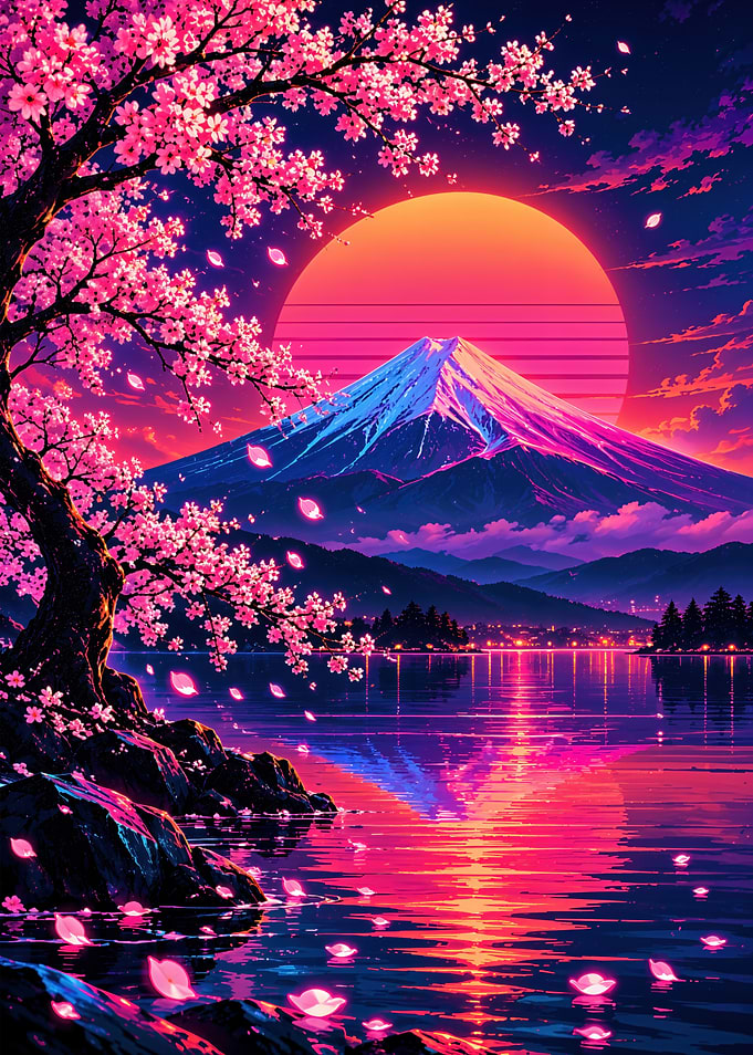 Synthwave Mount Fuji Cherry Blossom Landscape