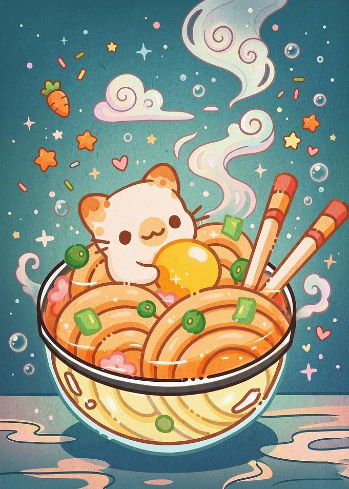 Cute Cat Ramen Bowl Kawaii Poster