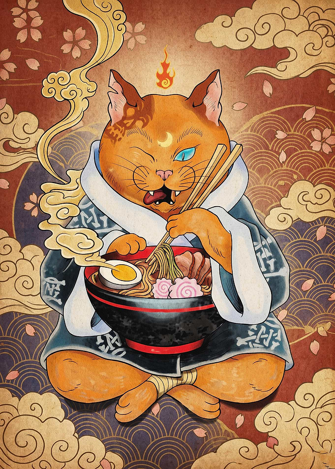 Samurai Cat Eating Ramen Poster
