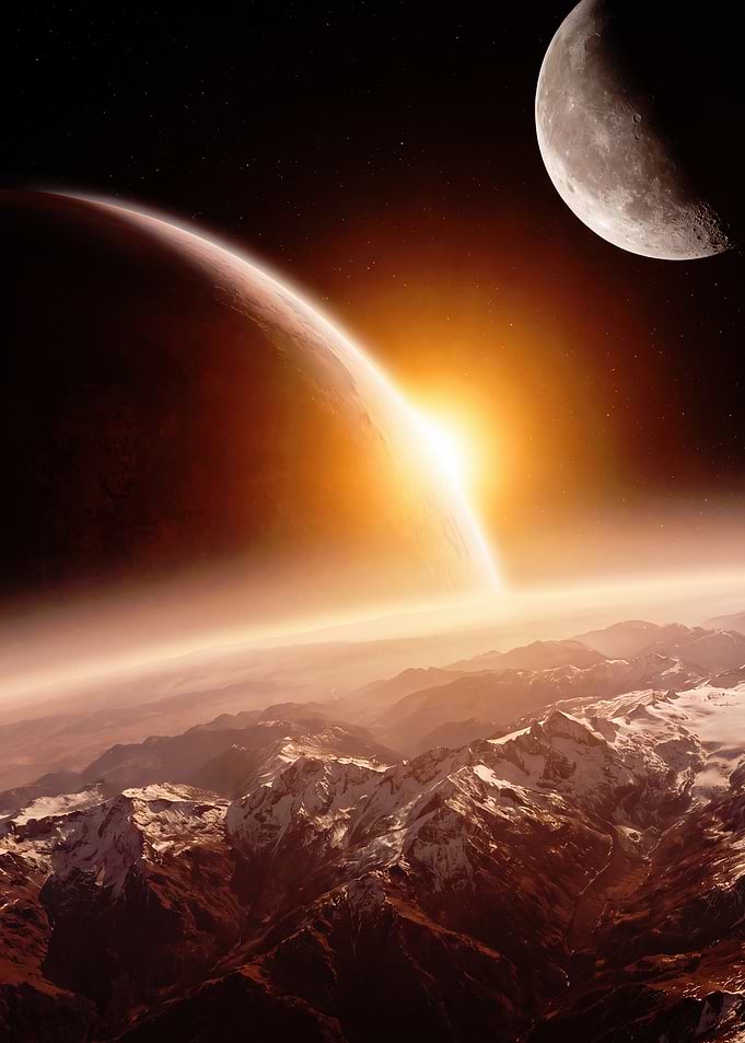Celestial Sunrise Over Alien Mountain Range