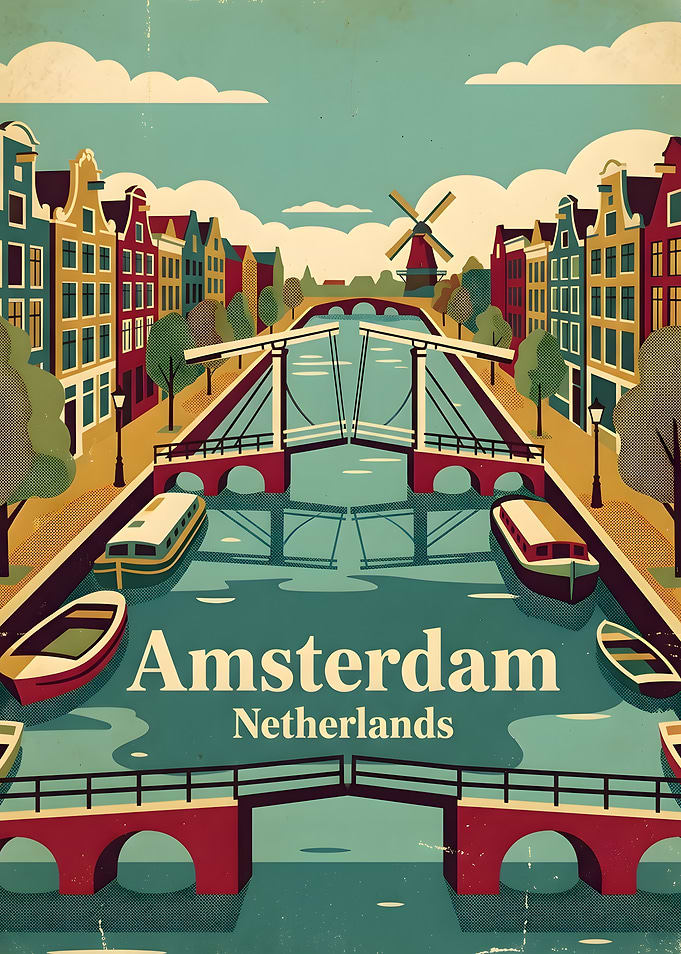 Vintage Amsterdam Canal Travel Poster