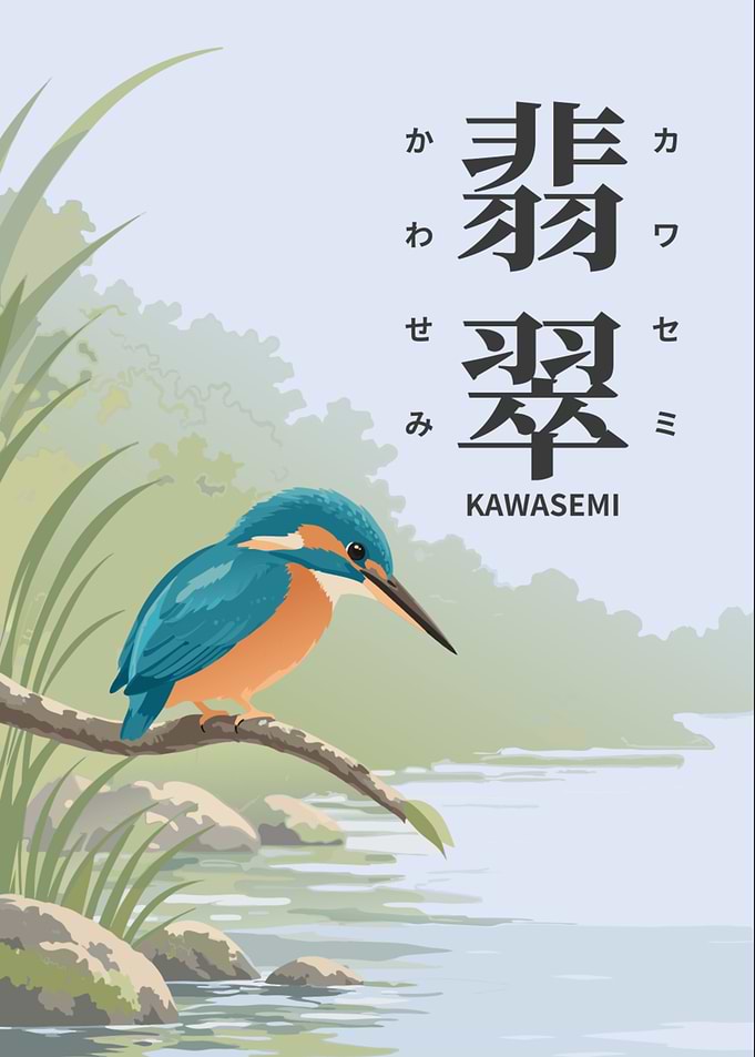 Kawasemi Kingfisher — Kanji, Hiragana, Katakana & Romaji Japanese Word Art