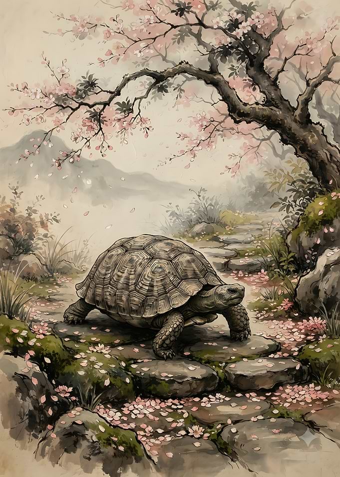 Tortoise Walking Under Cherry Blossoms