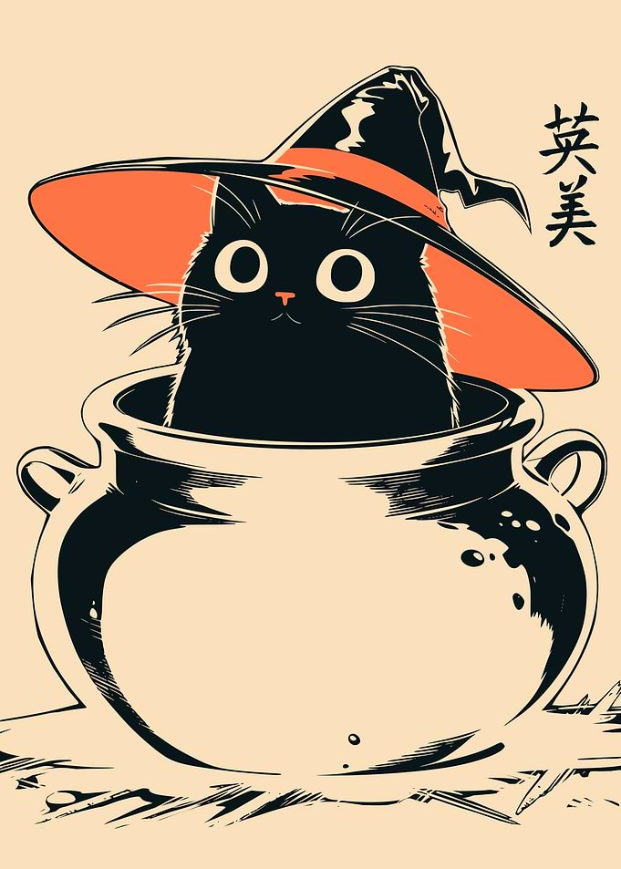 Halloween Witch Cat Cauldron Vintage