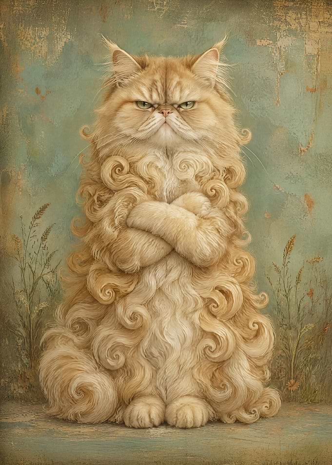 Grumpy Curly-Haired Persian Cat Portrait