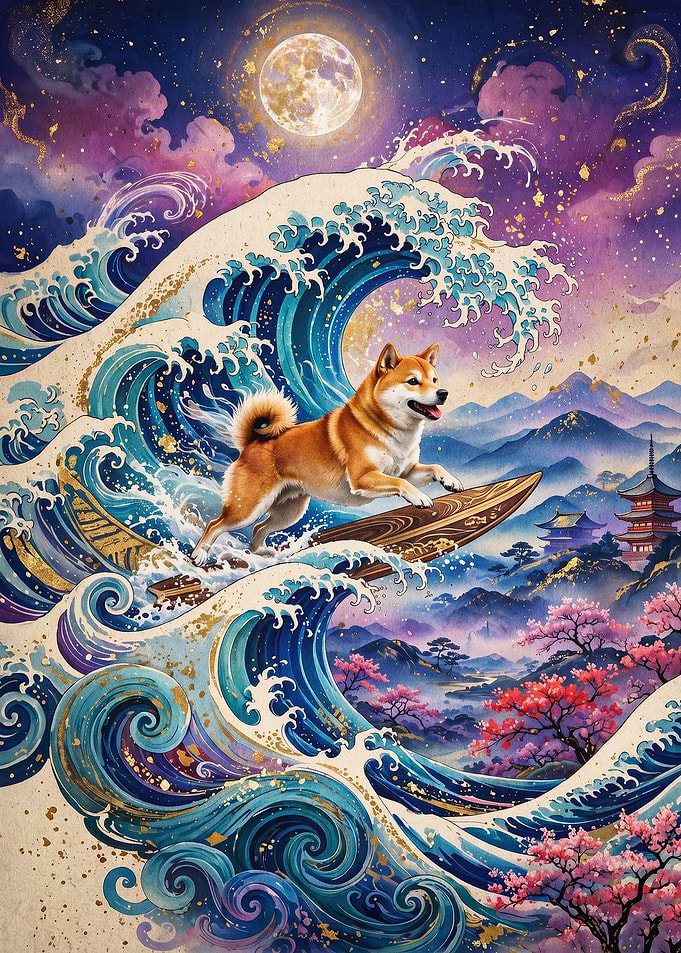 Shiba Surfing Wave Japanese Art