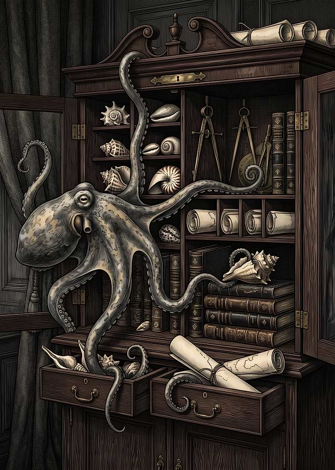 Octopus in a Vintage Cabinet
