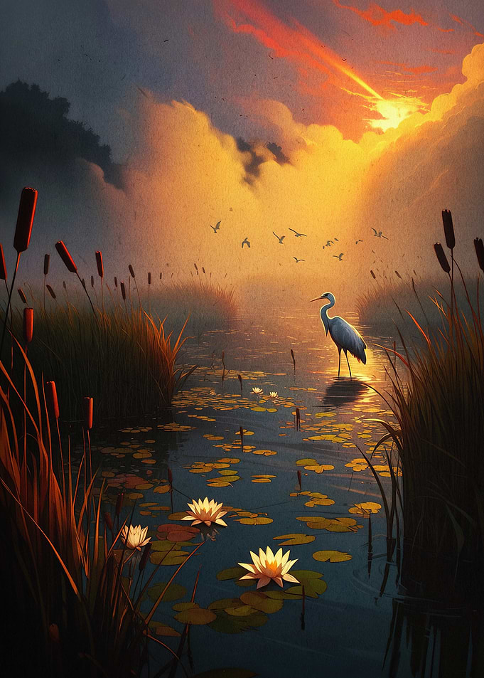 Marshland Heron Sunset Nature Art