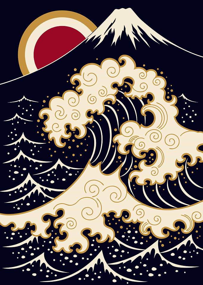 Japanese Fuji and Wave Ukiyo-e Metal Poster, No Text