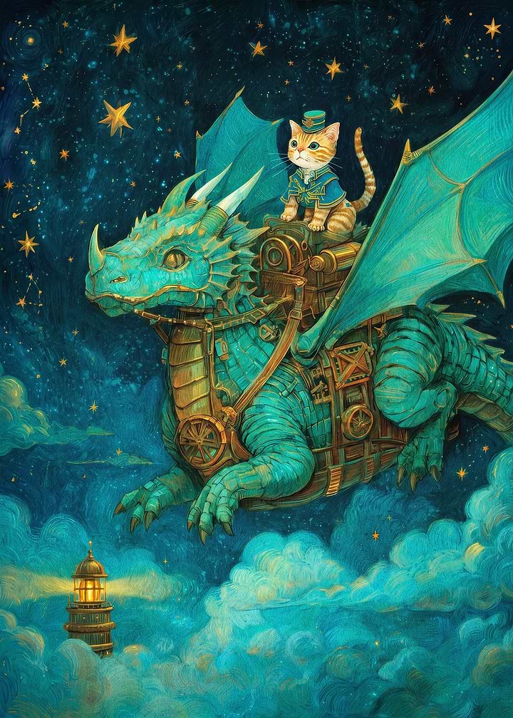 Cat on Dragon Fantasy Art Poster