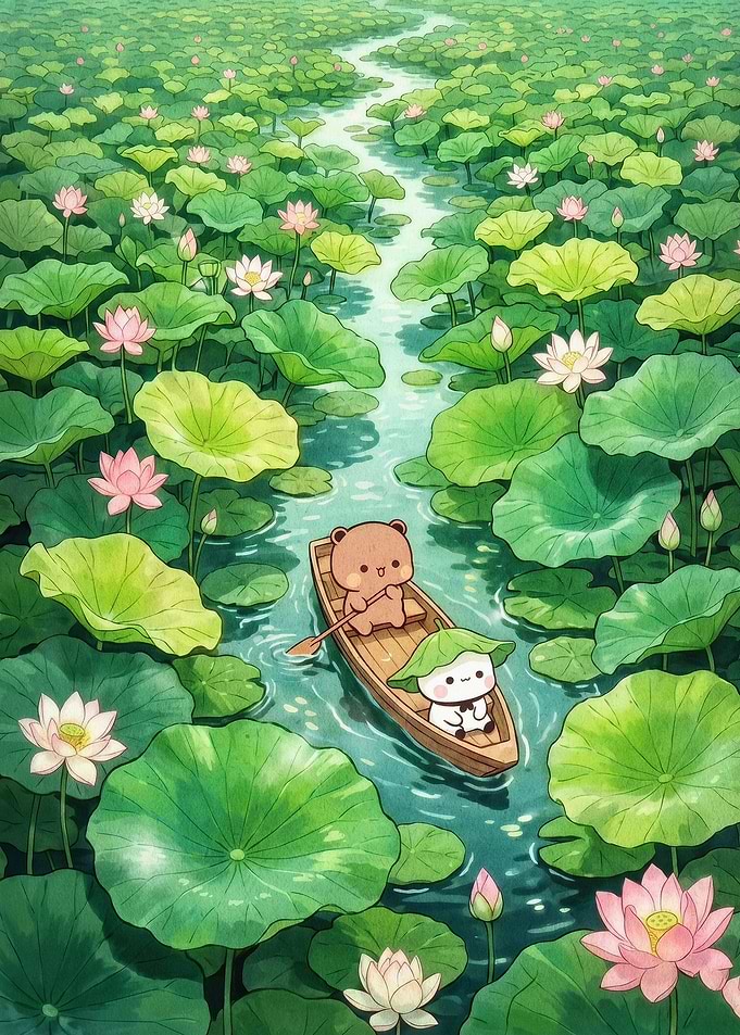 Cute Bear Boat Lotus Pond Anime Art