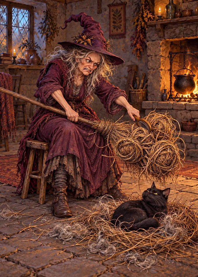 Witch Grooming Her Messy Broom
