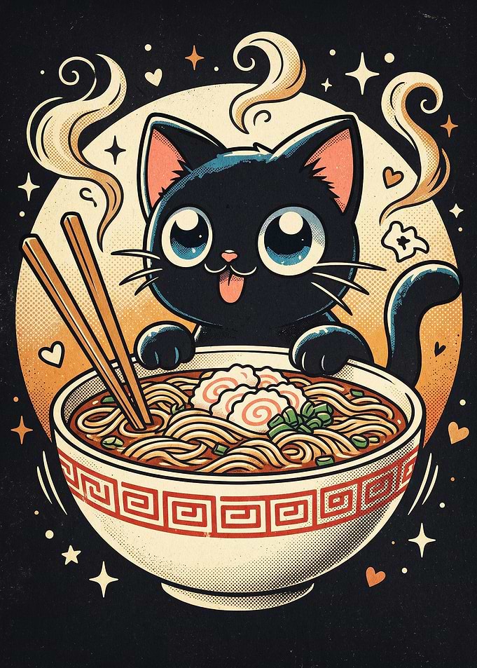 Black Cat Ramen Bowl Retro Art