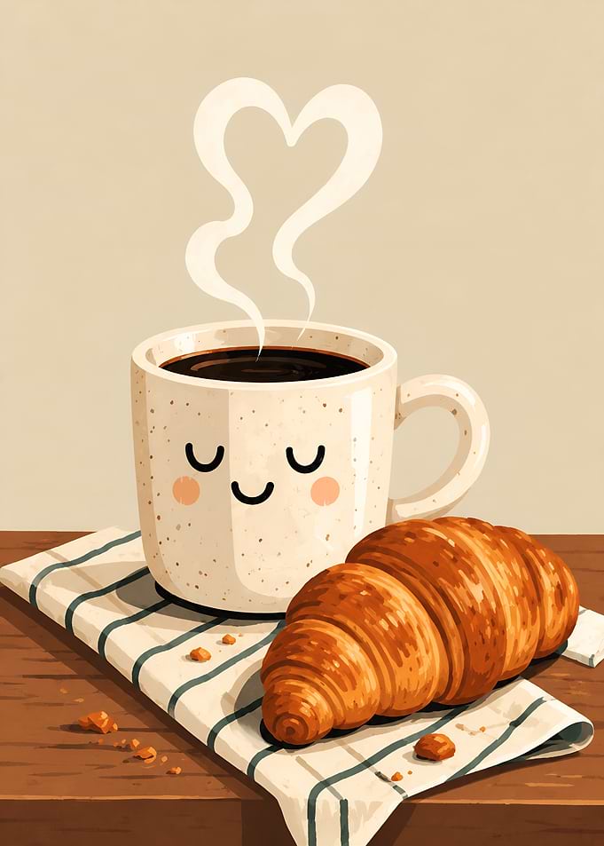 Cute Coffee and Croissant Illustration