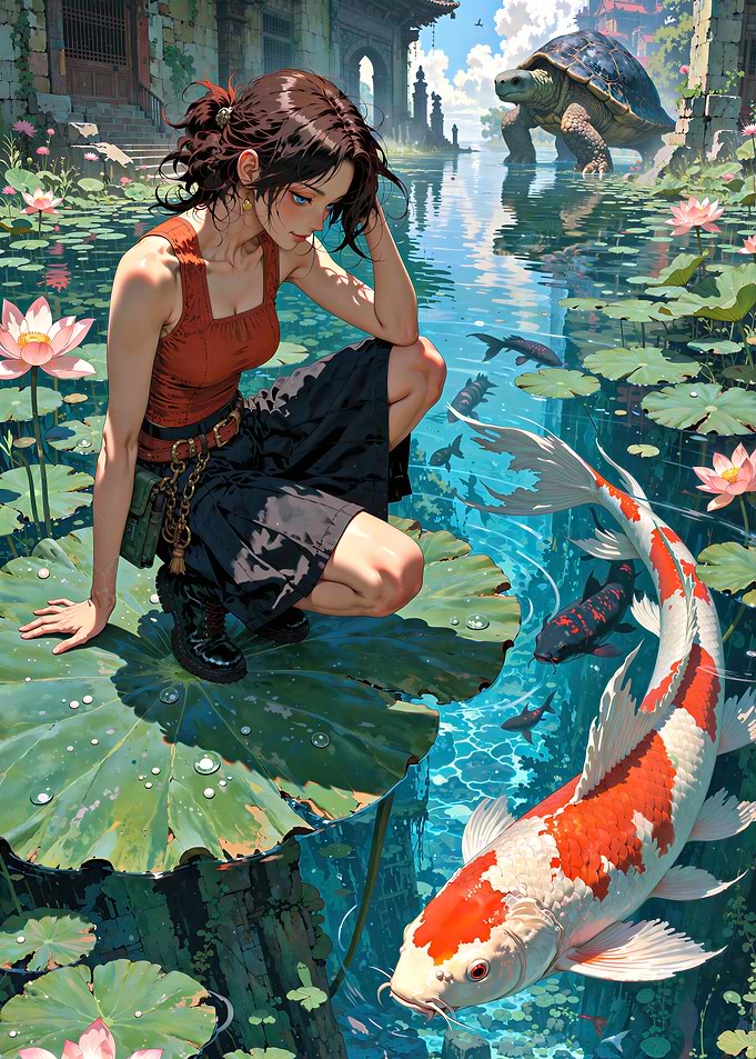 Girl and Giant Turtle in Pond