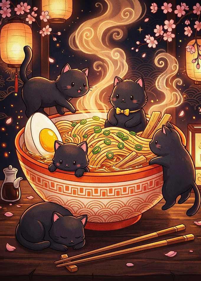 Black Cat Ramen Bowl Anime Art