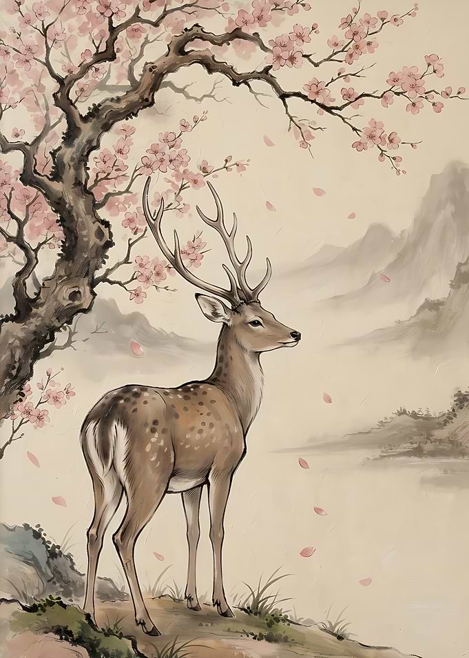 Deer Under Cherry Blossom Tree