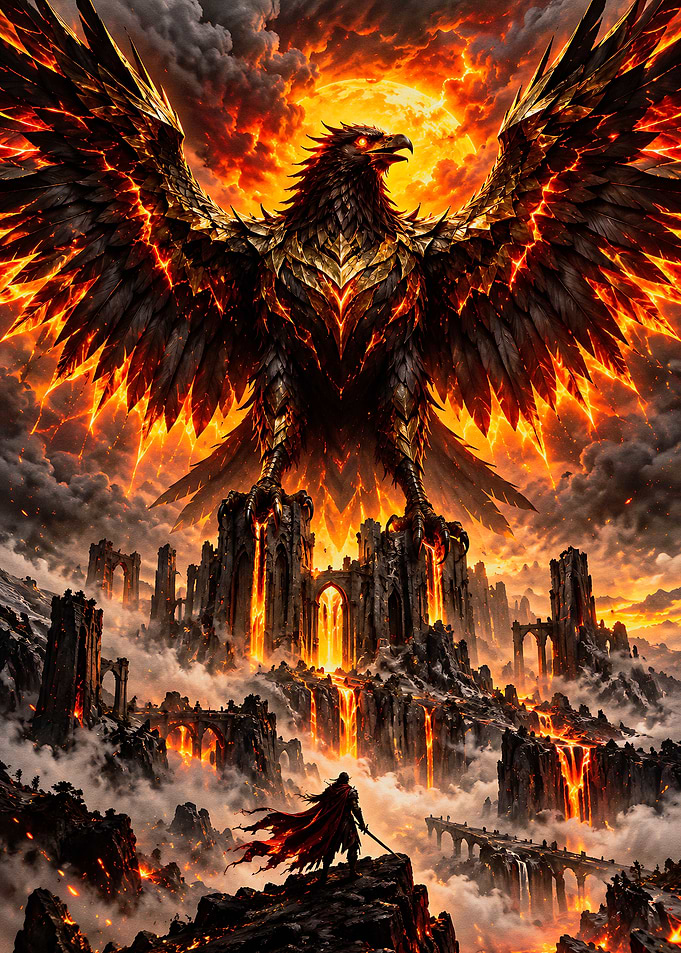 Fiery Phoenix Over Ancient Ruins