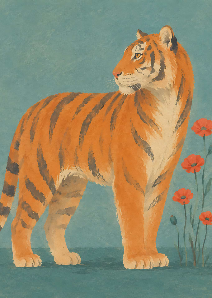 Tiger Standing Beside Red Poppies