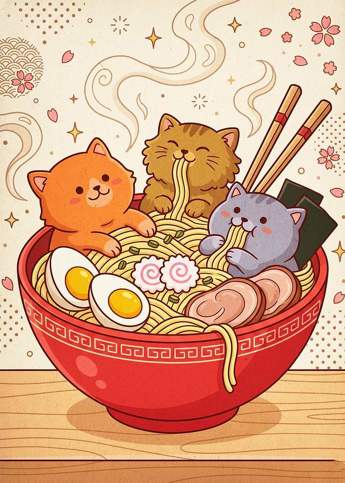 Cute Cats Ramen Bowl Japanese Art