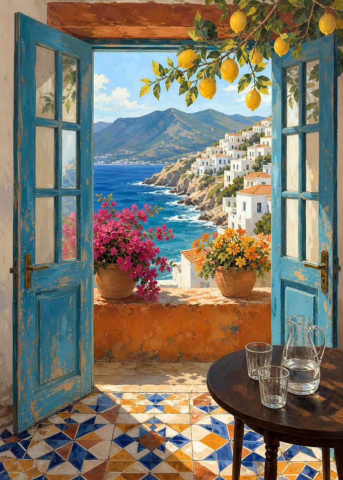 Mediterranean Terrace View with Lemons Sea Beach
