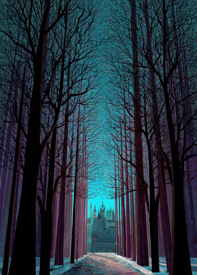 Enchanted Castle Through Dark Forest