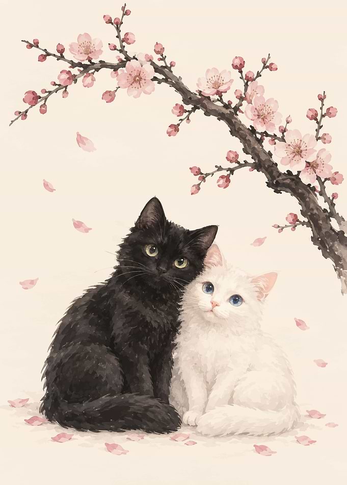Black and White Cats Under Blossoms