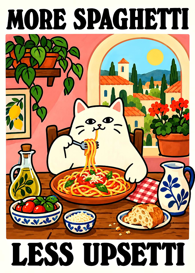 More Spaghetti Less Upsetti Cat Poster