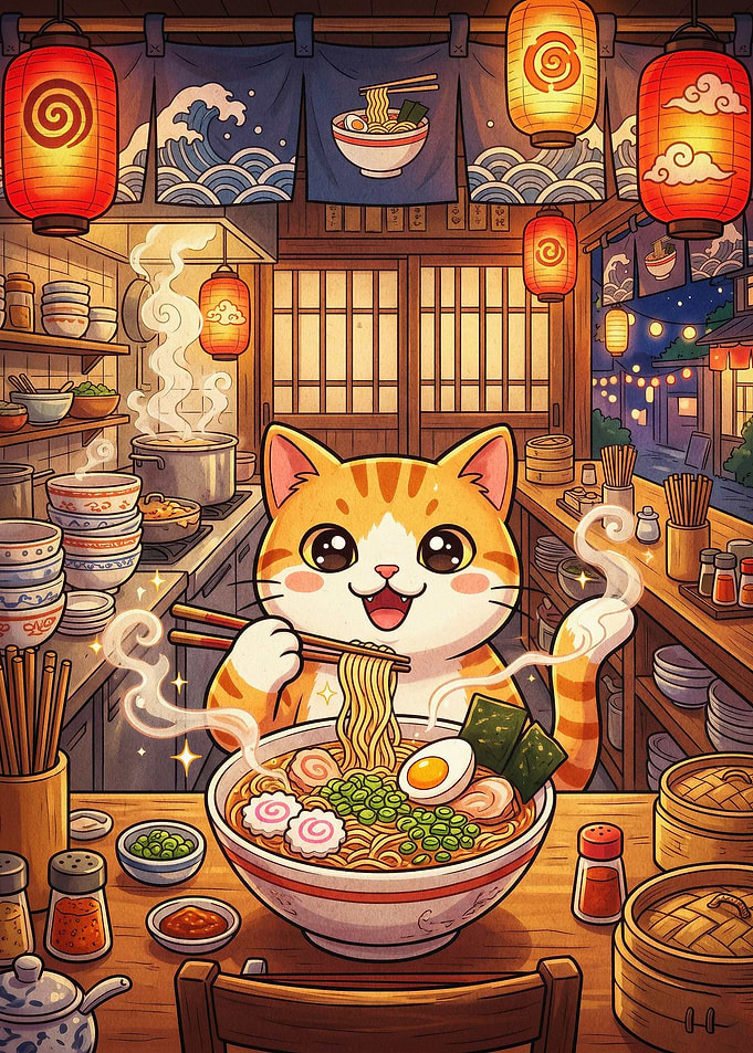 Cute Cat Ramen Shop Anime Art