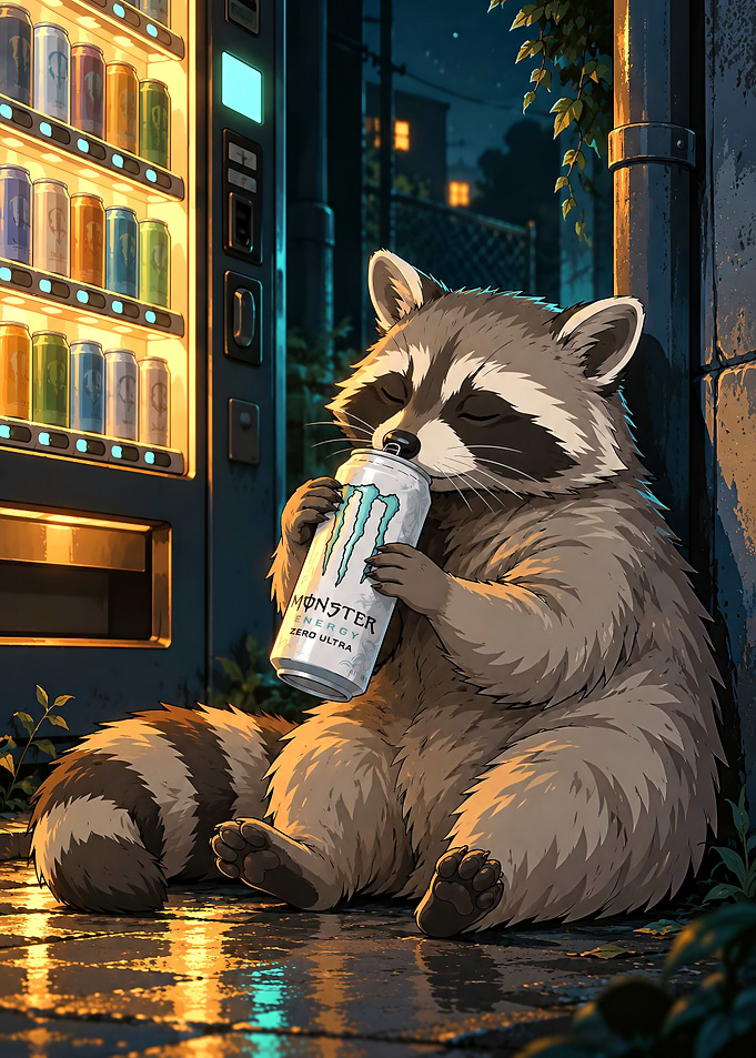 Raccoon Drinking Monster Energy Drink