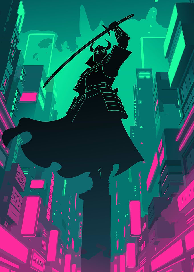 Samurai Victory Poster | Neon Cyberpunk Tokyo Wall Art