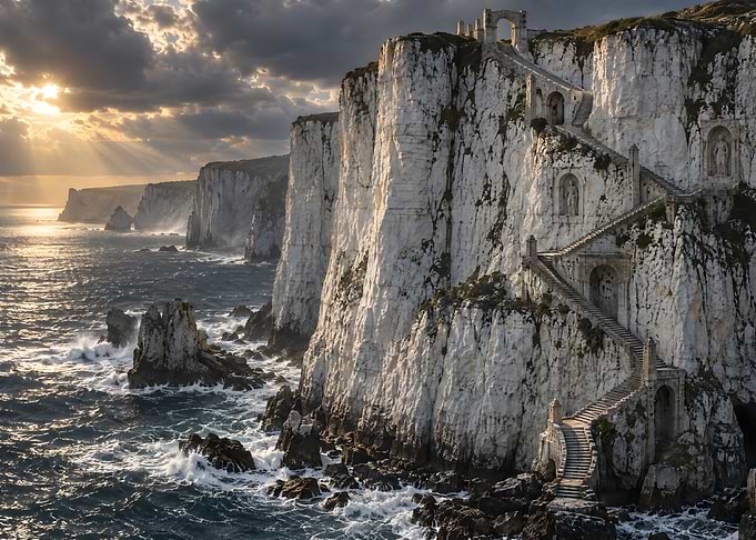 Staircase carved into white coastal cliffs