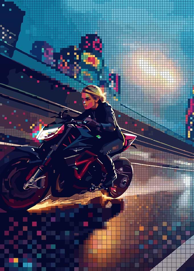Pixel Art Biker in City Night