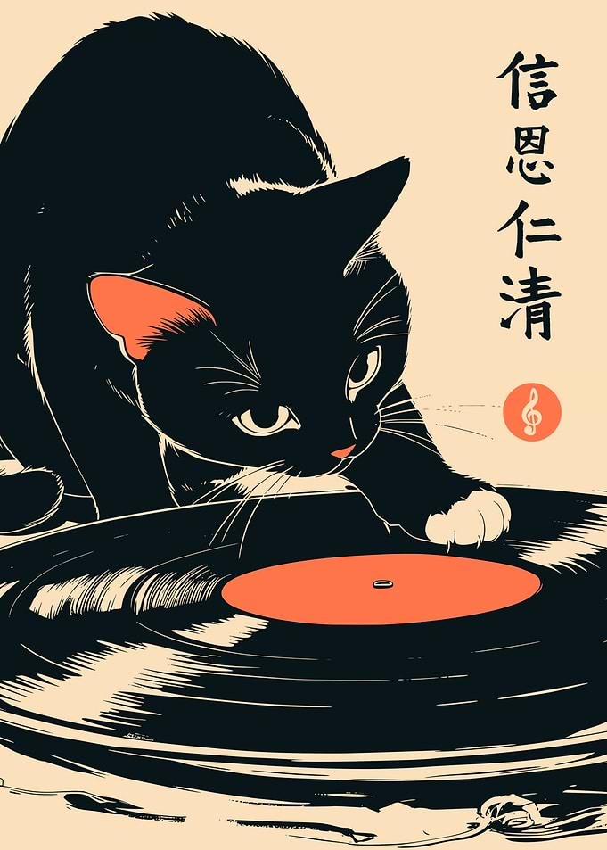 Black Cat Turntable Vinyl Record Japanese