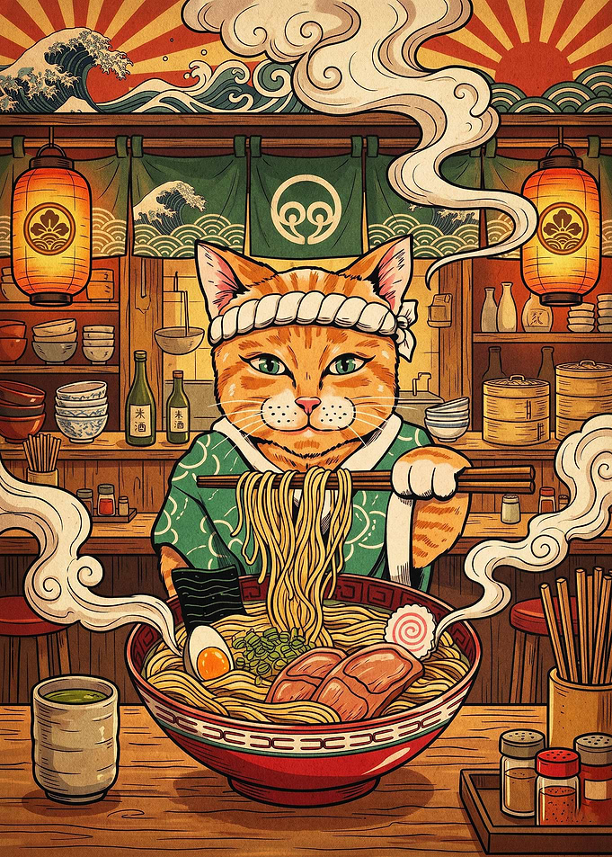 Japanese Ramen Cat Retro Art Poster