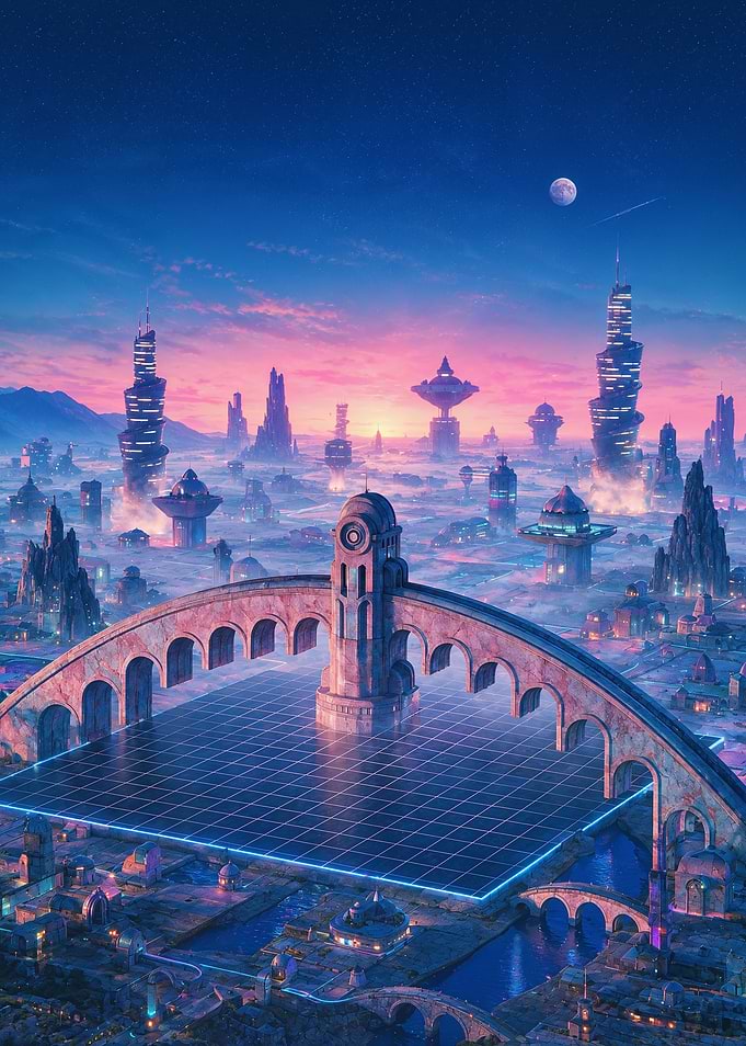 Vaporwave Futuristic Cityscape, Neon Purple and Cyan Dreamscape
